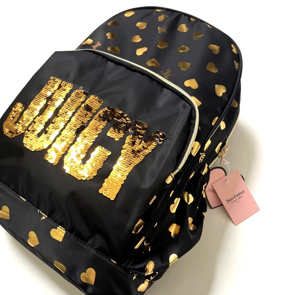NWT JUICY COUTURE Black Gold Heart Sequin Logo Backpack School Travel Bag main image 11